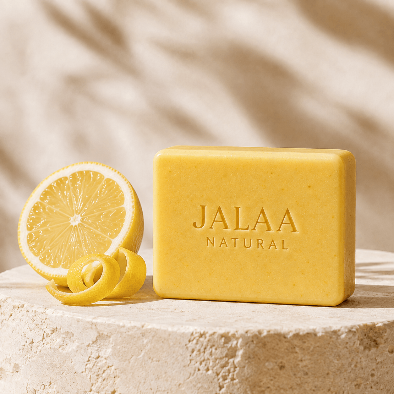 Jalaa Natural Lemon soap bar with fresh lemon — Crisp citrus with a lively, clean scent.