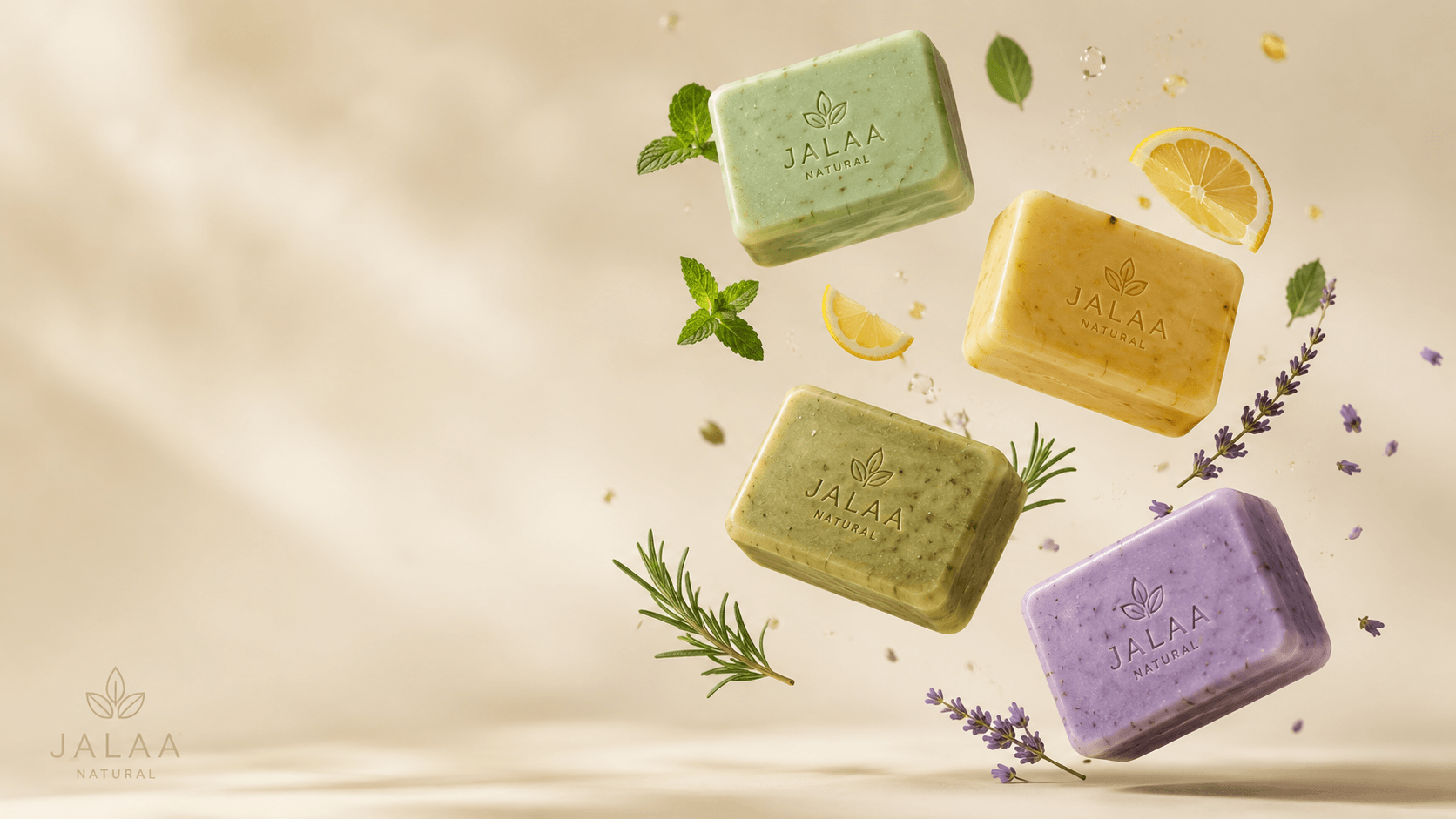 Four handmade Jalaa Natural soap bars — peppermint, lemon, rosemary and lavender — with fresh mint, citrus, rosemary and lavender accents