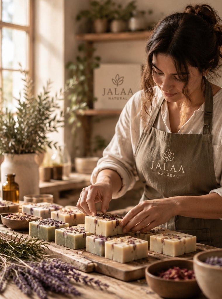 A Jalaa Natural maker arranging freshly cut, botanical-topped soap bars by hand in the studio