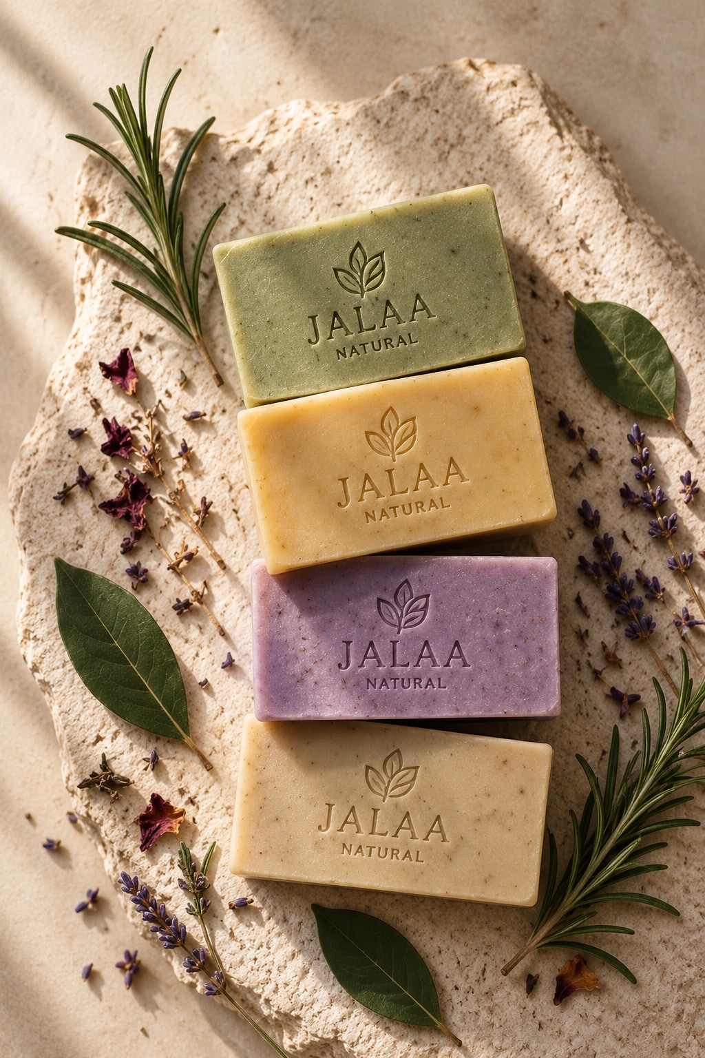 The four Jalaa Natural soaps — peppermint, lemon, rosemary and lavender — stacked on natural stone with rosemary, lavender and leaves
