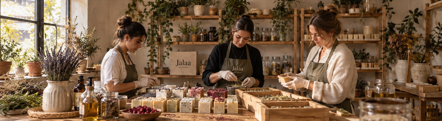 Three Jalaa Natural makers working together at a table full of handmade soap bars, botanicals and ingredients in the studio